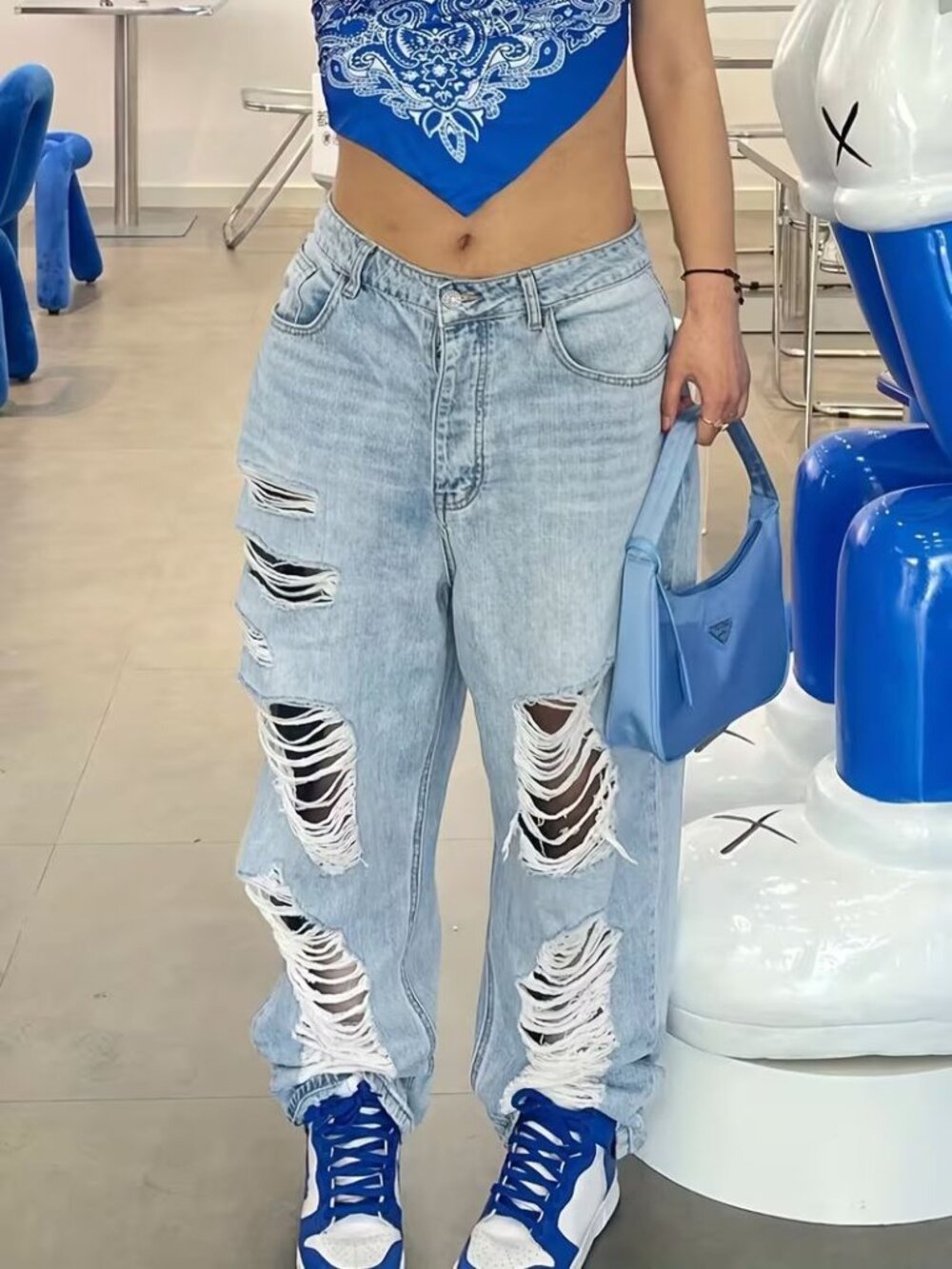 Light Blue Distressed Ripped Denim Jeans - Picture 2 of 9